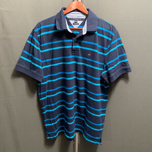 B11-Men's Tommy Hilfiger Polo Shirt XL Navy Blue Striped